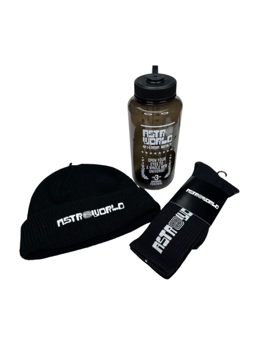 AstroWorld 2021 3rd Annual Festival Merch Bundle - Beanie, Socks, Water Bottle